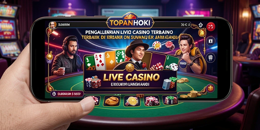 Screenshot gameplay TOPANHOKI yang menunjukkan dealer profesional dan suasana kasino.